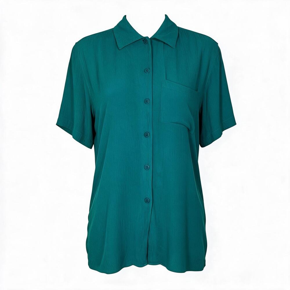 Vintage 90s Lee David Teal Rayon Crinkle Shirt M Button Up Relaxed Fit